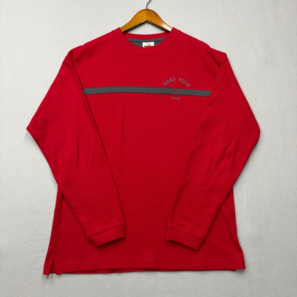 Hard Rock Cafe Shirt Men Large Red Rome Long Sleeve Y2K Ribbed Cotton Graphic